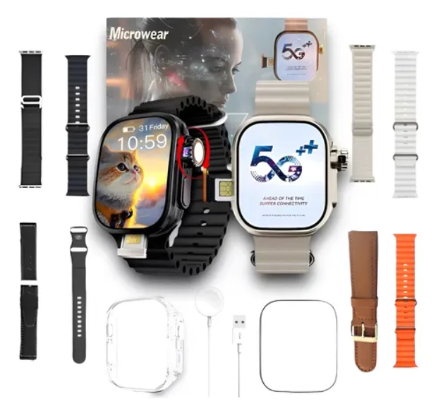 Smartwatch Microwear ULTRA AI 3 5G - c/ Câmera 180º, Case Proteção + 7 Pulseiras